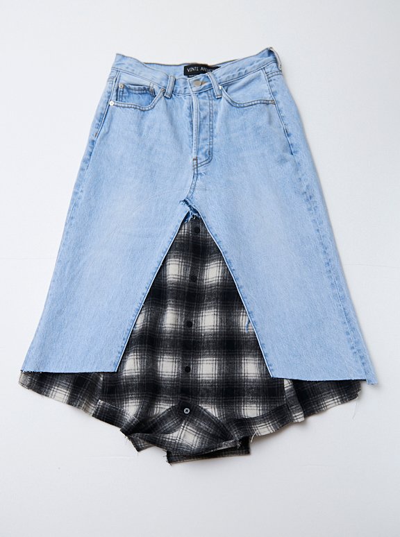 Vinti Andrews Black Plaid Shirt Jean Skirt