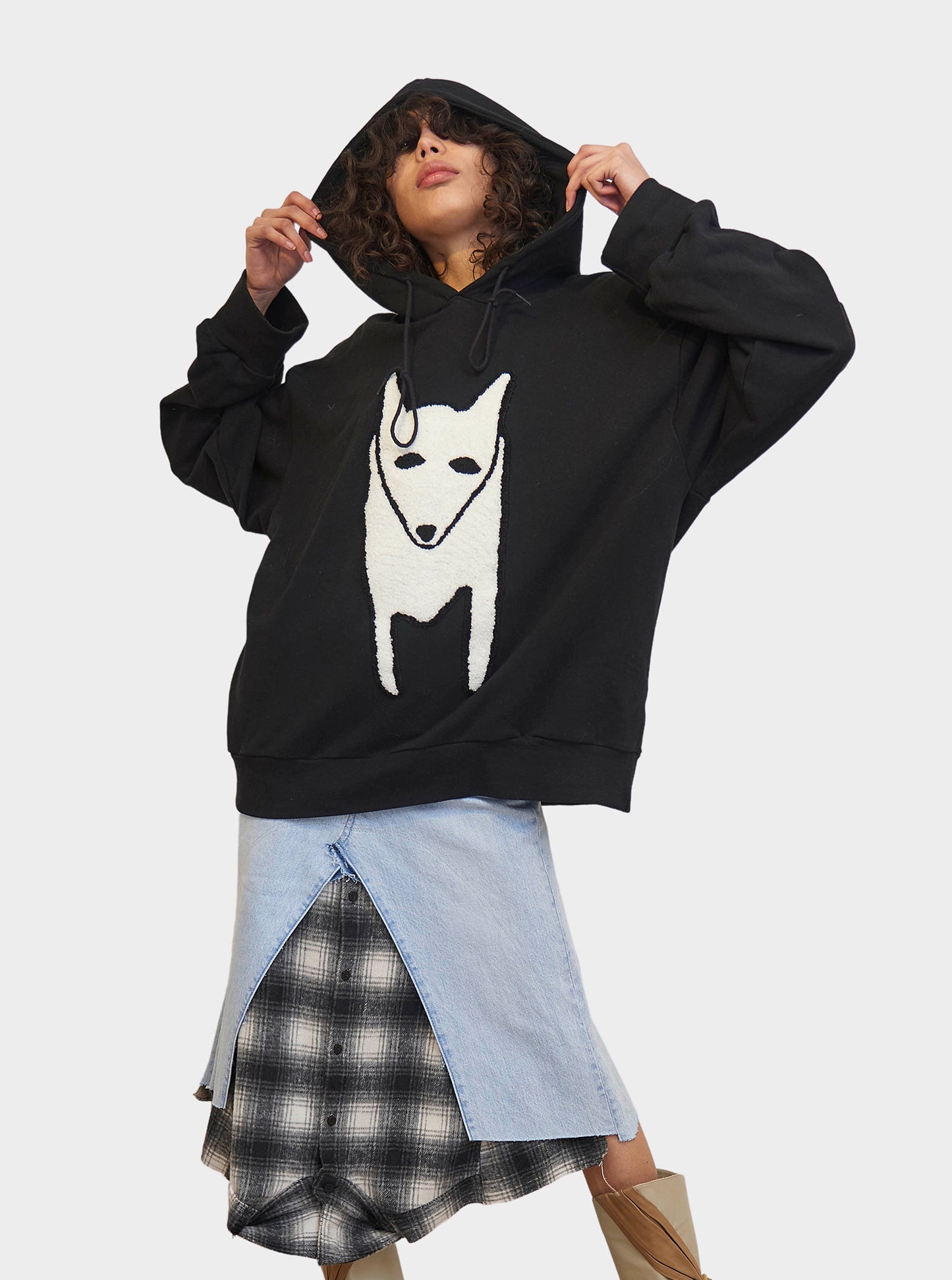 Grey Arctic Fox Embroidery Supersize Hoody