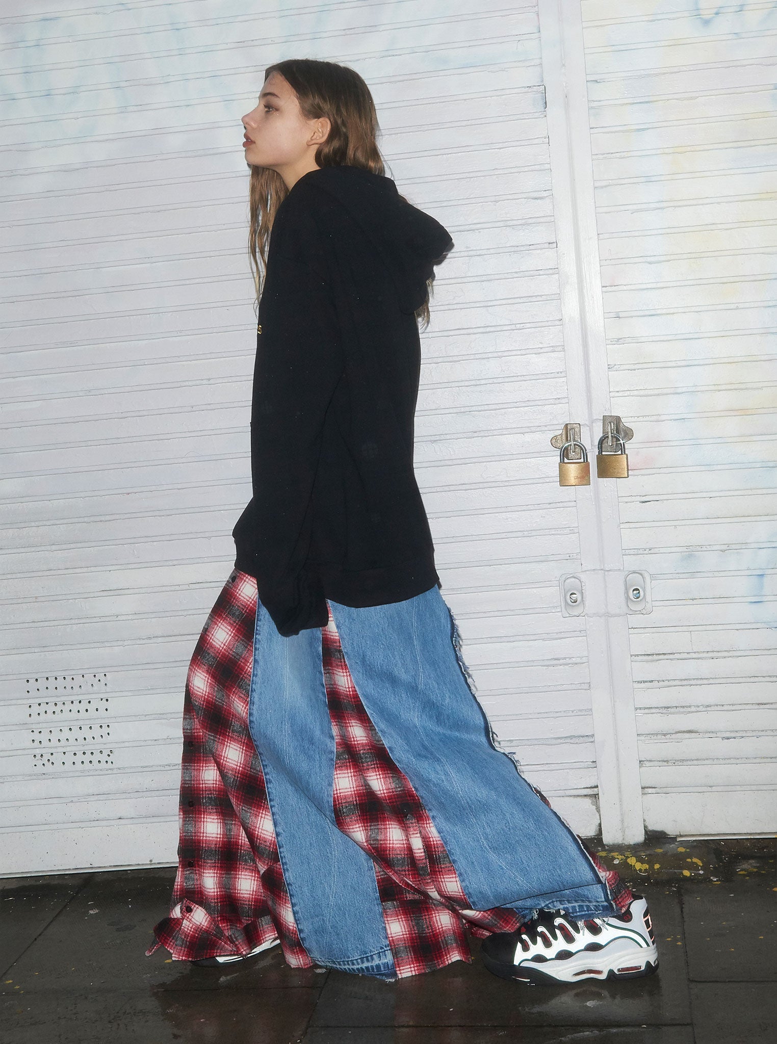 Vinti Andrews Long Denim / Red Check Skirt