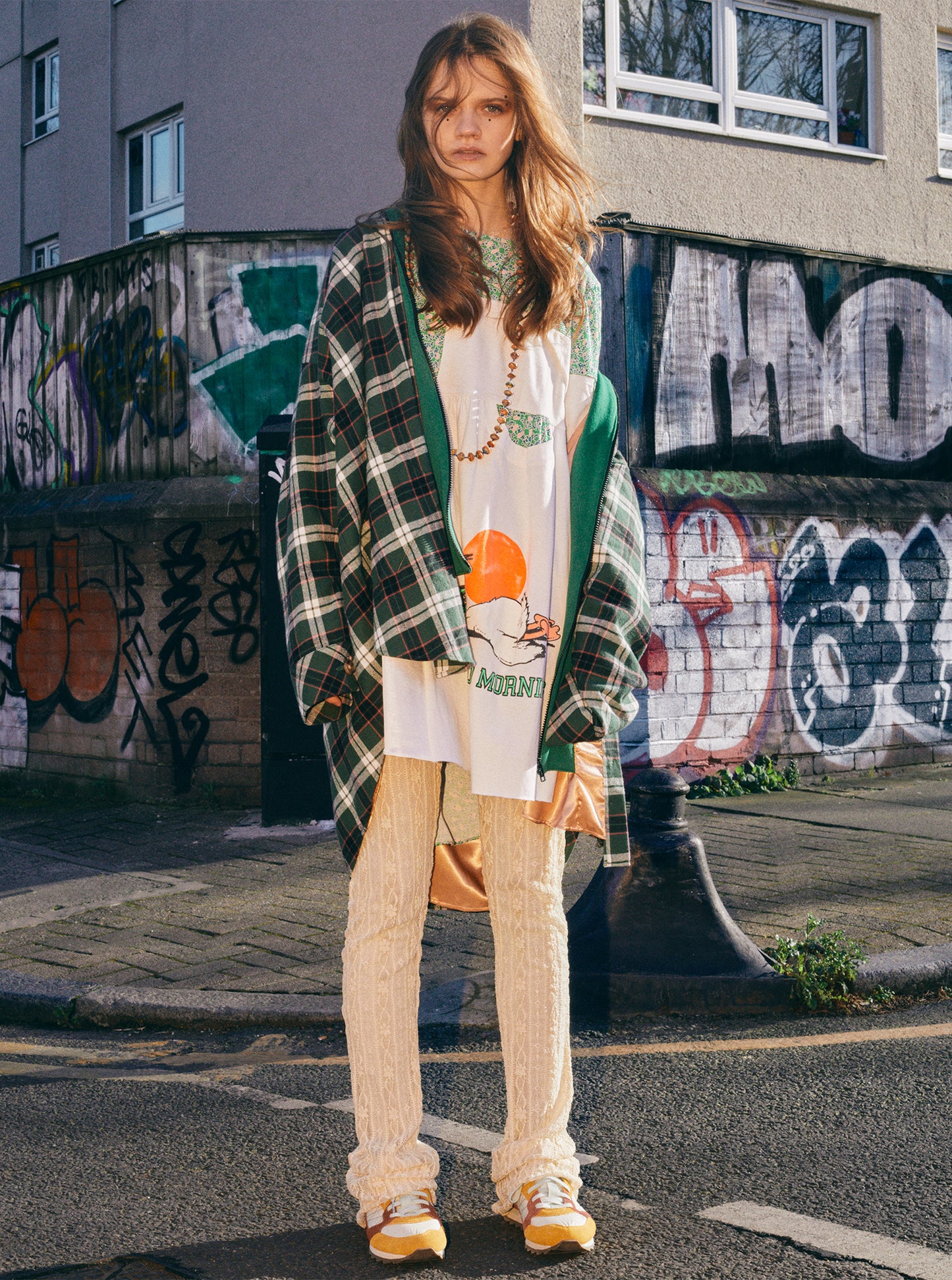 Oversize Shirt Jacket with Hood Green Plaid
