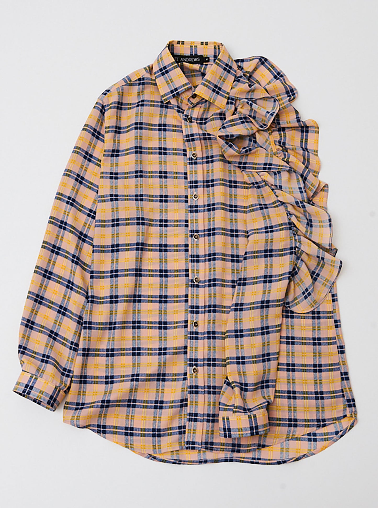 Vinti Andrews Frill On Shoulder Pink Plaid Shirt
